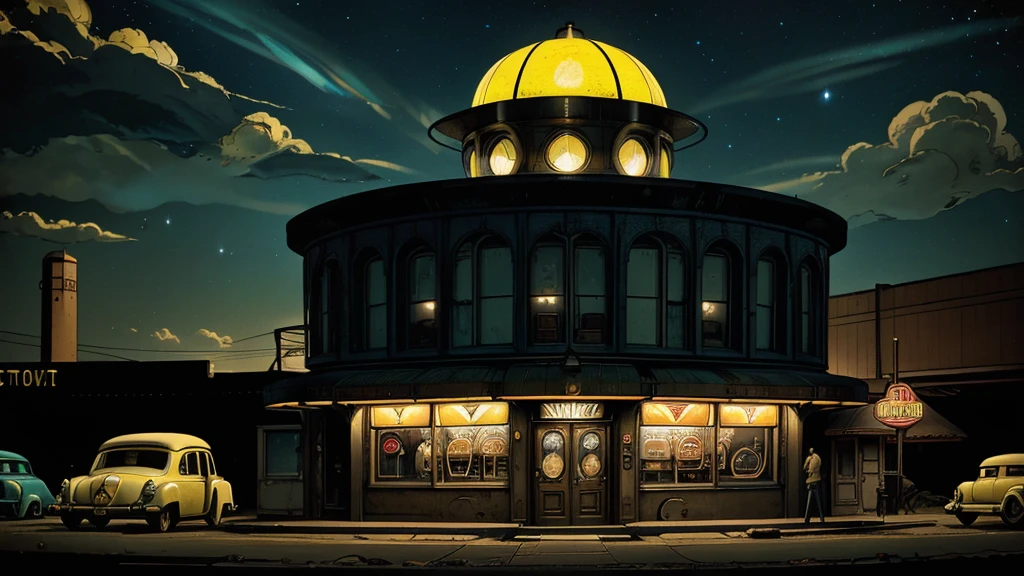 a ufo sighting in 1950s small town, UFO, flying saucer, ufo sighting, popping colors, contrast, detailed realistic cinematic scene, cinematic lighting, dramatic sky with clouds, abandoned vintage car, old-fashioned buildings, neon signs, 1950s era atmosphere, vibrant colors, hyper-realistic, 8k, ultra-detailed