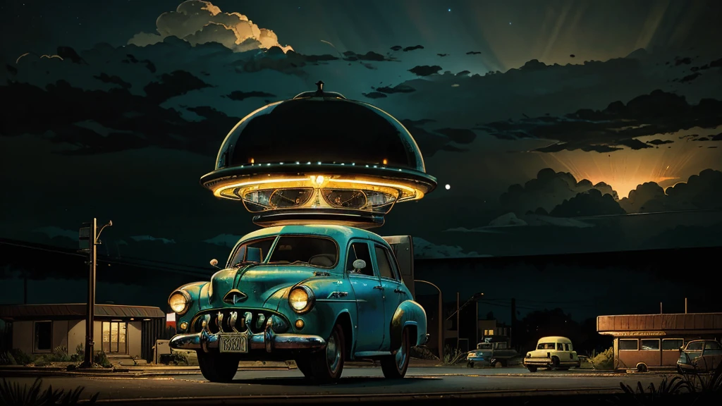 a ufo sighting in 1950s small town, UFO, flying saucer, ufo sighting, popping colors, contrast, detailed realistic cinematic scene, cinematic lighting, dramatic sky with clouds, abandoned vintage car, old-fashioned buildings, neon signs, 1950s era atmosphere, vibrant colors, hyper-realistic, 8k, ultra-detailed