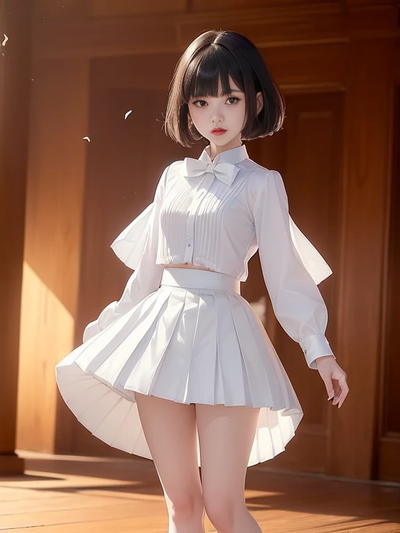 (masterpiece、Highest quality:1.7)、(12 years old:1.5)、(Full body shot:1.7)、((Bobcut、Black Hair))、85mm、16K、Official Art、RAW Photos、Best Beautiful Faces、Close-up、Violet、Gardenia、((The best beautiful girl、very cute))、Red blush on cheeks、((indoor))、(Are standing:1.8)、Film Grain、Chromatic Aberration、Sharp Focus、(((Nice hands、Perfect hands、Perfect Fingers、Thin and delicate fingers、A perfect body without flaws)))、Detailed face、(Slender body:1.5)、(Slender body:1.1)、(Slim upper body:1.1)、(Small and flat bust:1.7)、(Narrow thighs:1.3)、(Let your bangs hang down:1.8)、(Blushing:1.8)、(Low contrast lighting:1.4)、(襟t付きのwhiteタイトビジネスブラウス:1.5)、((white)Bowtie blouse:1.5)、(Long sleeve: 1.4)、(Very short length(white)Pleated mini skirt:1.8)、(Cover your chest with your palms:1.7),(The wind is blowing up her skirt:1.8),(Low angle from below:1.8)