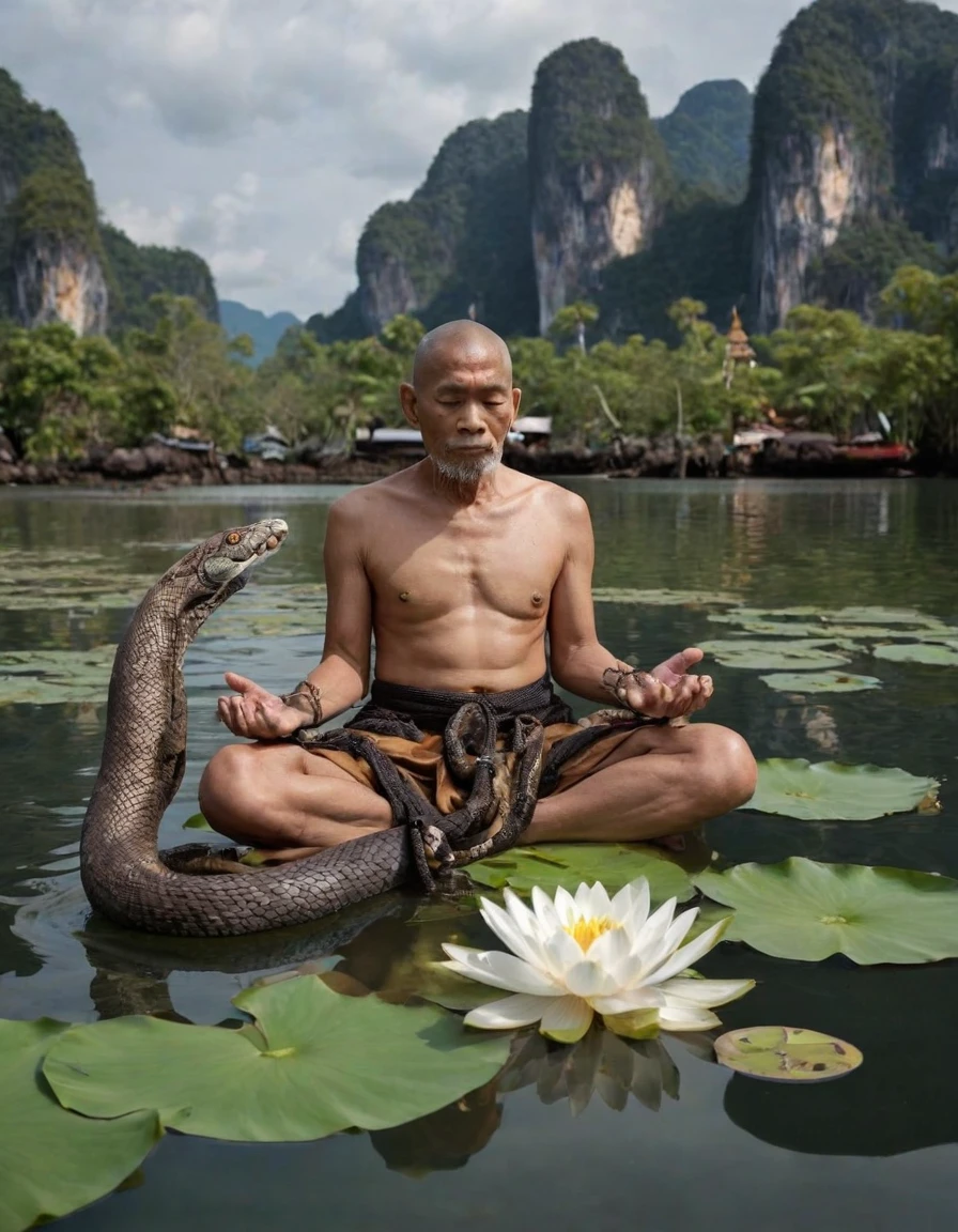 /img realistic human and animal In Krabi Thailand realistic photo graph by DSLR camera A Thailand Thai old monk dark brow rope meditates on the white lotus flower floating in under of him, and behind it is an Thailand style Naga Thai art style snake god that emerges from water with mountains in its background. The sky is setting suns. Hyper-realistic photography, cinematic effect.