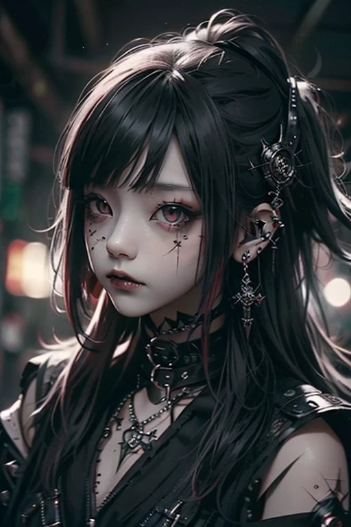 Highest quality、8k、masterpiece:1.3、Gothic Punk、The inside color is red、Black-haired、hair ornaments、Beautiful girl、creative、Dark Fantasy Style、Neogoth、Goth Fashion:1.2