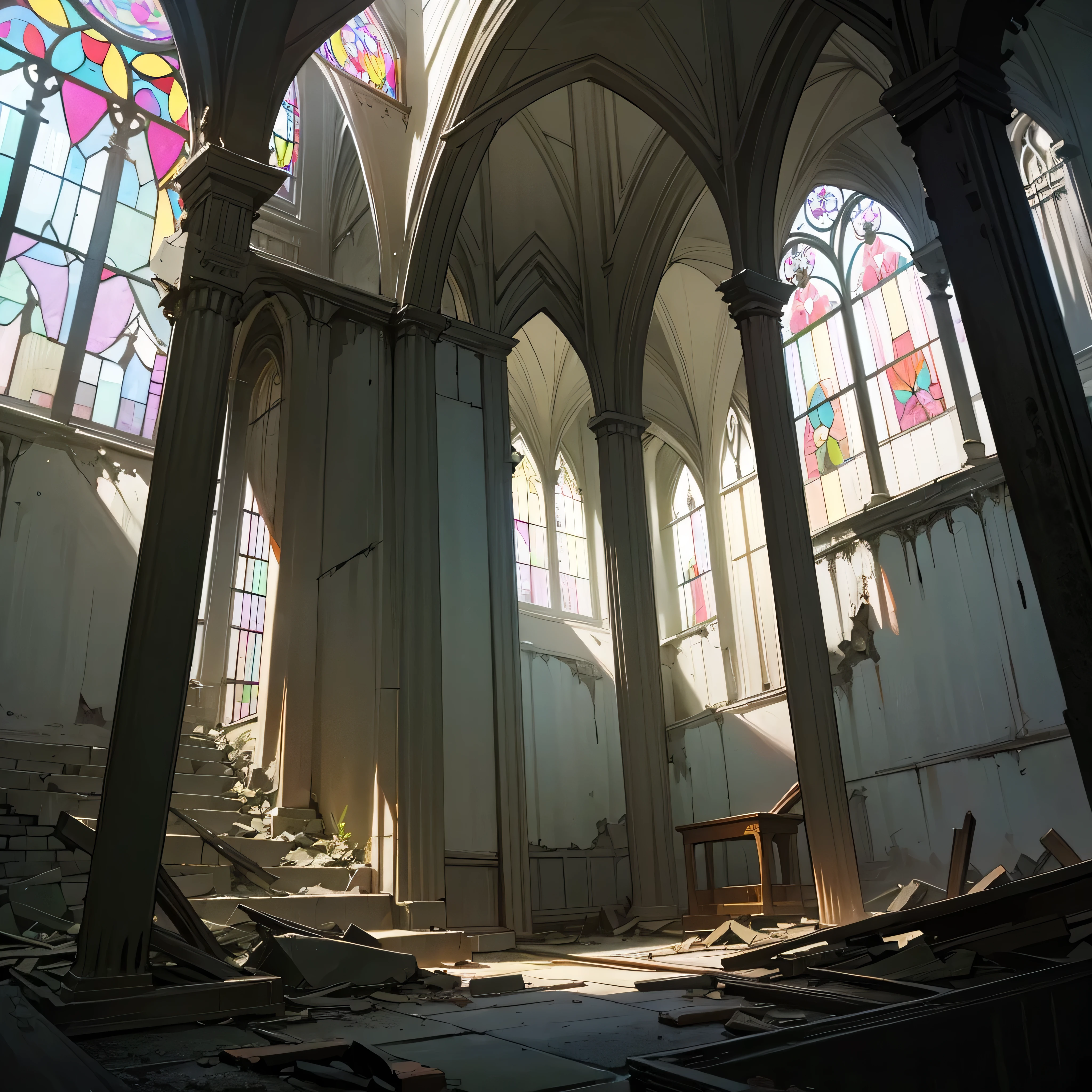 no human, old rotten church, devastated ruin, stained glass