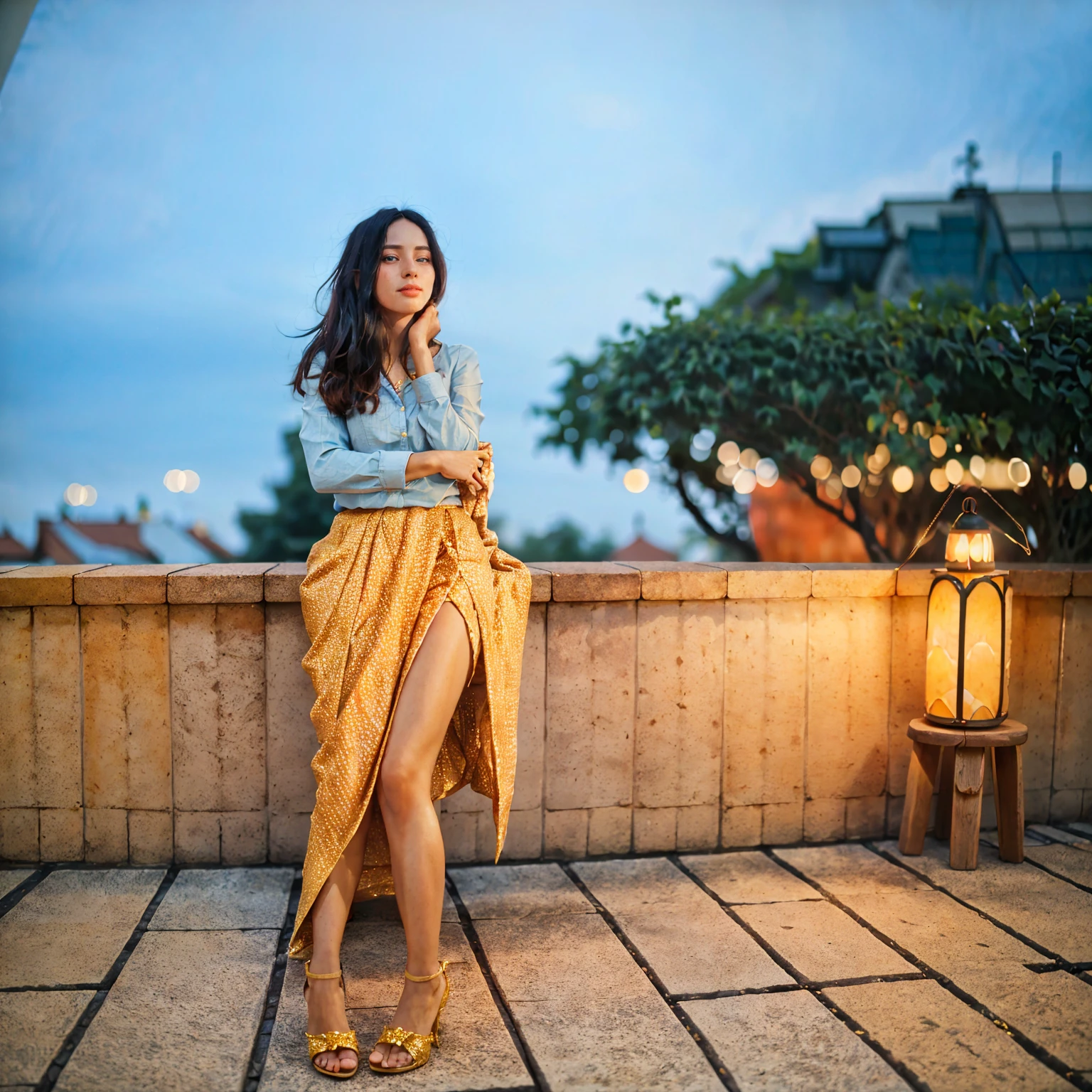 Burmese beautiful woman, 1 girl, solo, pretty lady MoonLay, innocent cute smile, red lips, (stylishly sitting on a stool and seductively gazing to the sky pose:1.5), smooth face skin, traditional beauty, cinematic portrait glow lighting, traditional dress, (white shirt:1.3), (red skirt:1.3), high heel, (full body view:2), (rooftop balcony with vibrant colorful hanging lanterns background:1.5), (cinematic bokeh blur background:1.5), (cinematic camera angle), cinematic lighting, perfect anatomy,