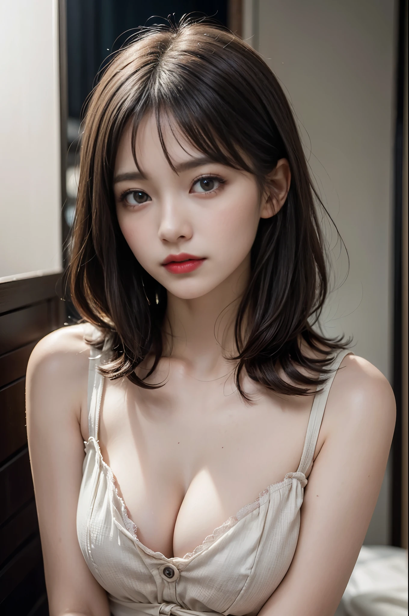 (Best quality,8k,high resolution,masterpiece:1.2),Digital Artwork, A girl,Delicate face,Delicate eyes,Dark brown hair,Straight Hair,Shining amber eyes,Red lips,Suspenders ,particle,dust,Slightly blush,shy,in love,looking at affectionately,(HD skin),Cleavage,Shallow depth of field,Warm colors,Two-color light