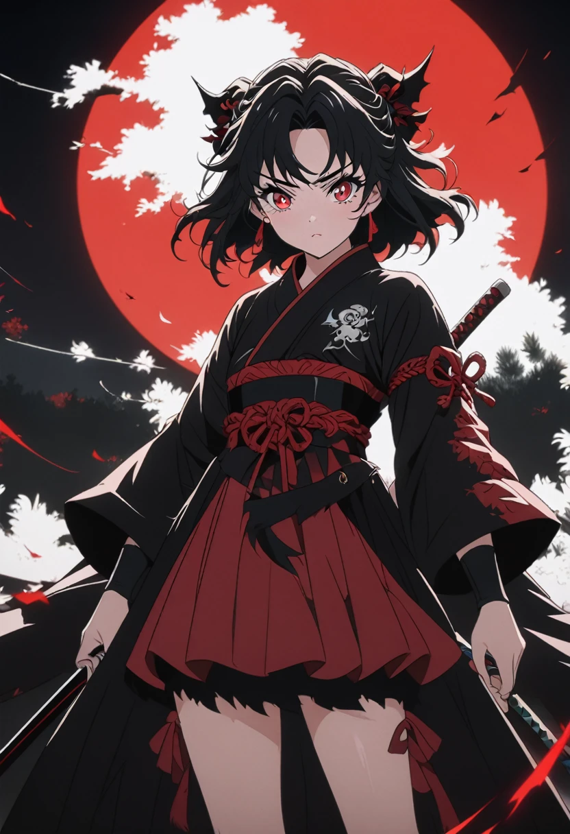 Anime girl with black hair and red eyes standing in front of a red moon, Demon Slayer Louis Fan Art, Demon Slayer Art Style, Anime Style 4k, Amazing anime 8k, With eyes that glow red, Anime Moe Art Style, Devil Anime Girl, Anime Art Wallpapers 8K, anime wallpaper 4k, anime wallpaper 4k, 1 7  anime goth girl