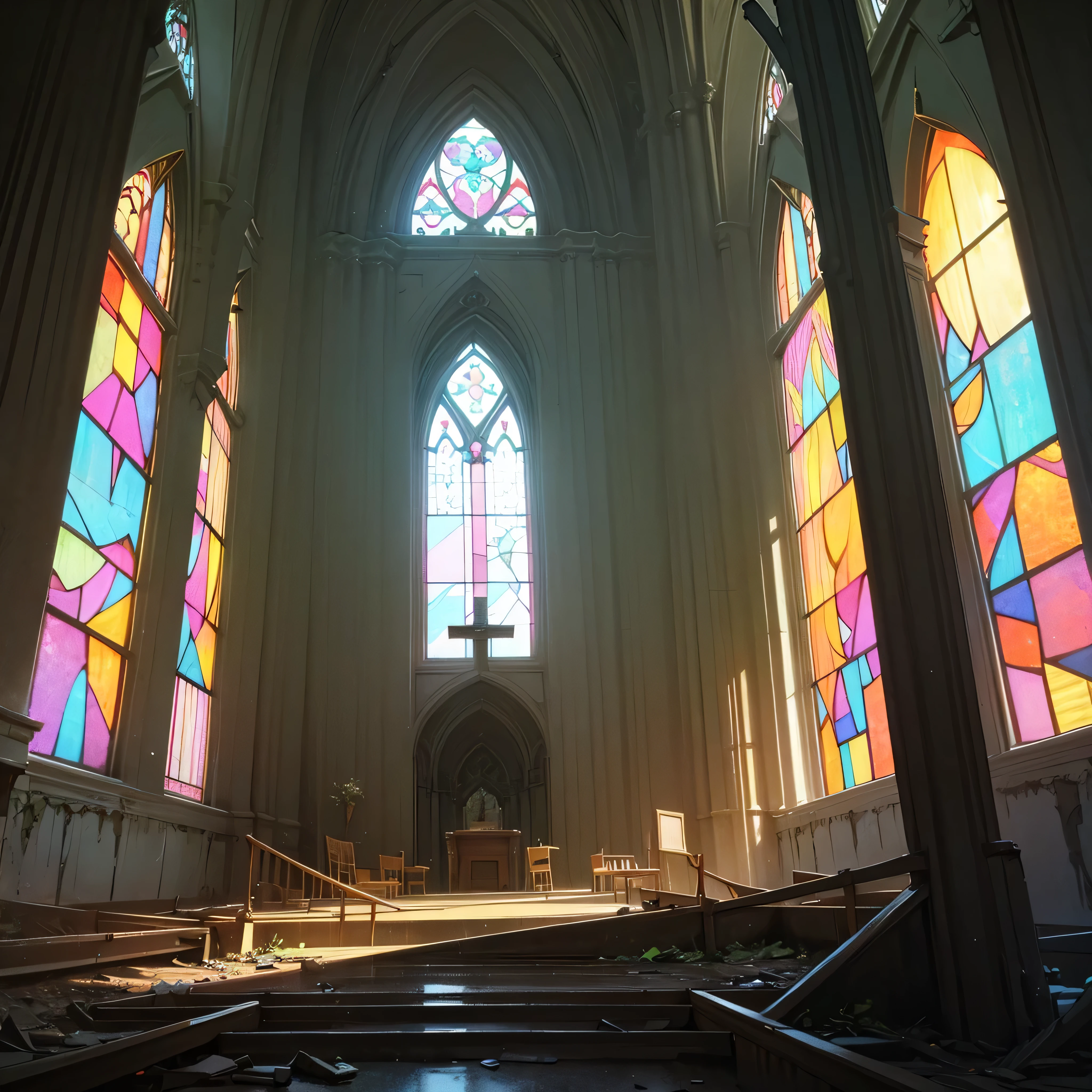 no human, old rotten church, devastated ruin, stained glass