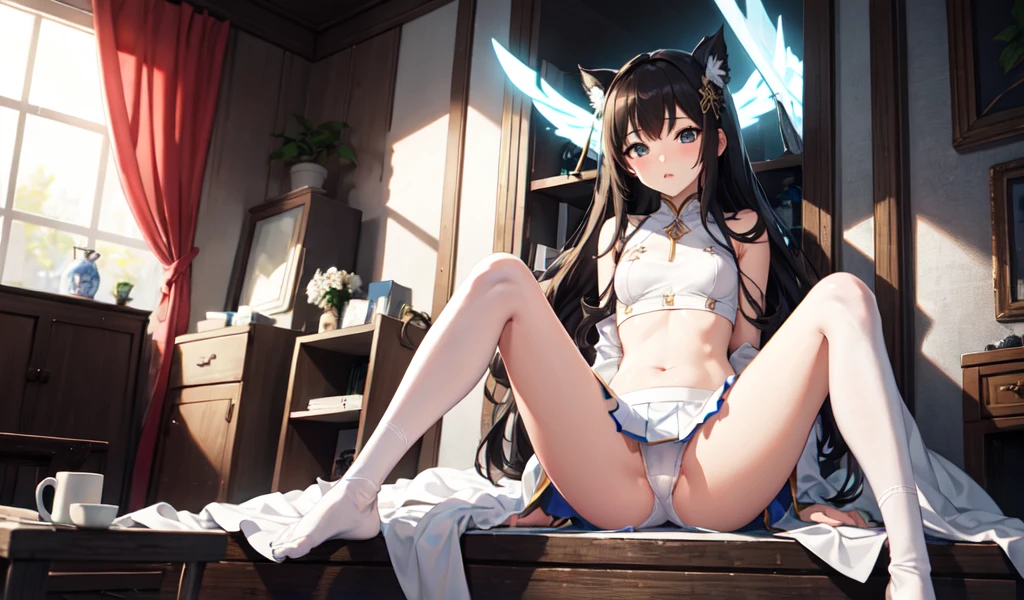 Anime Style. girl. A world of swords and magic. White underwear. mini skirt. Aleppo. Sit down and open your legs a little.