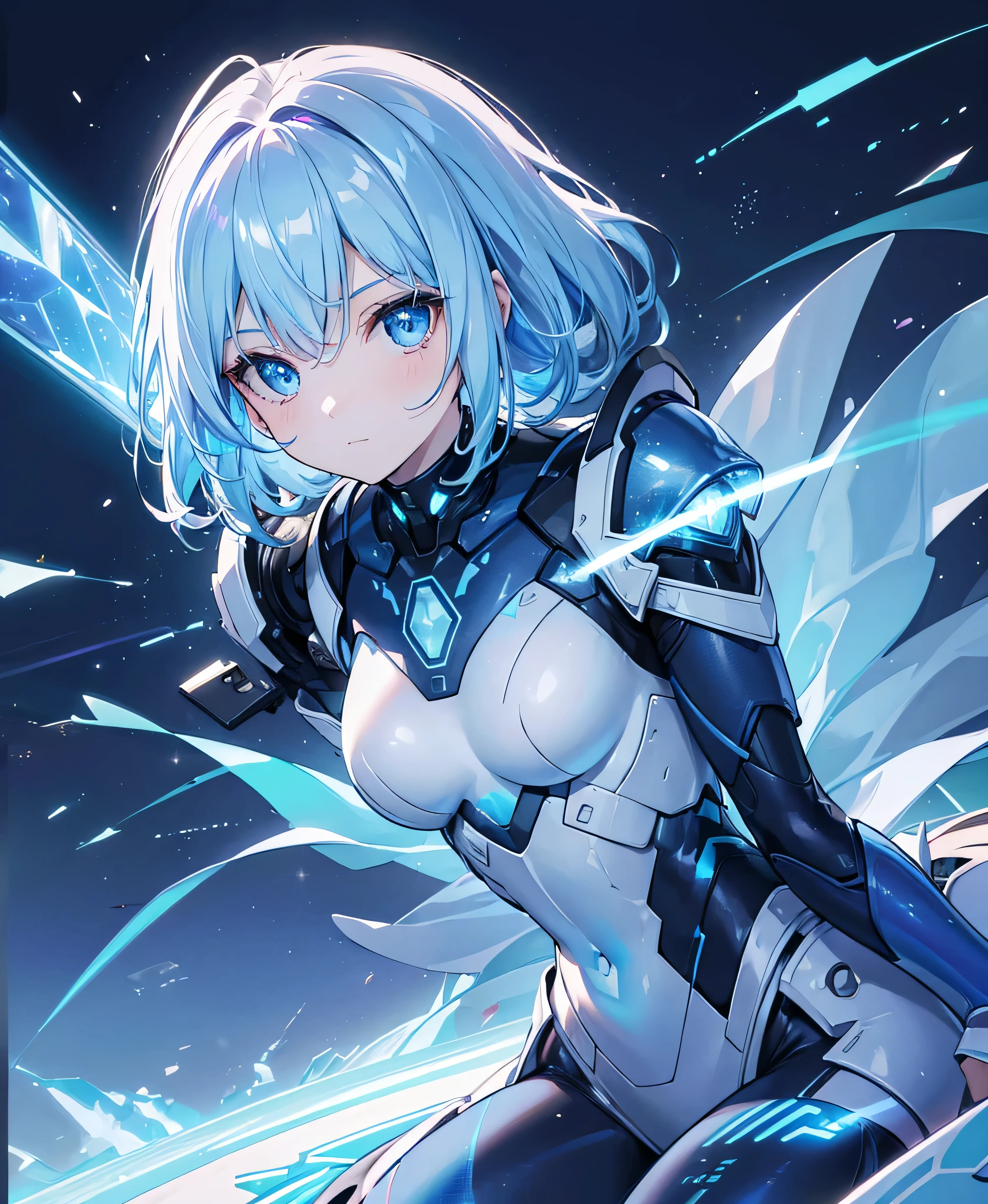 8k, highest quality, (real:1.4), Original photo, 1 girl, Asari Hair, Biological Amplifier, refined armor, posture: Peace talks between warring factions, smart blue eyes