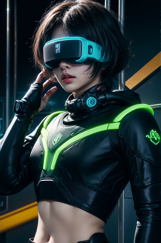 best quality, head-mounted display,
(1 boy), young 16 yo, twink, exposed belly and lower chest, surrounded by azure neon, short black hair, short black hair, NodesTech mascara, NodesTech headdress, wearing crop top cyborg armor
BREAK sci-fi background, detailed background, azure neon background, data