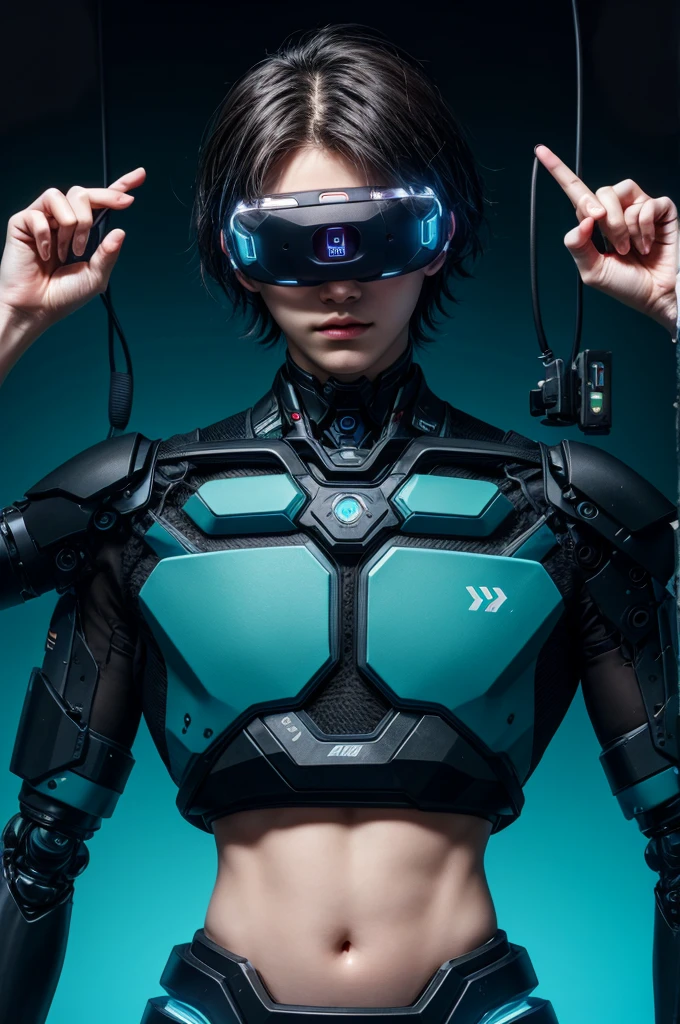 best quality, head-mounted display,
(1 boy), young 16 yo, twink, exposed belly and lower chest, surrounded by azure neon, short black hair, short black hair, NodesTech mascara, NodesTech headdress, wearing crop top cyborg armor
BREAK sci-fi background, detailed background, azure neon background, data