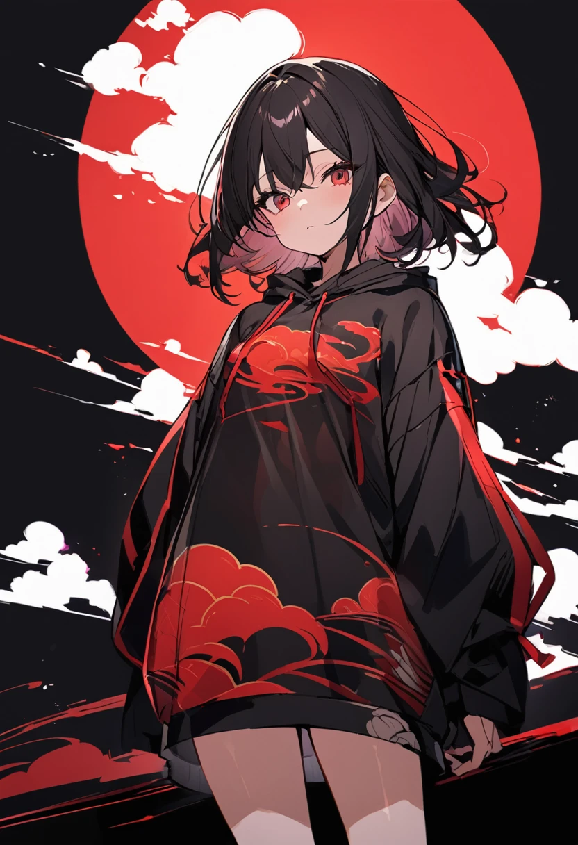 Girl with red cloud motif,Pitch black background,See-through Japanese style hoodie,See-through body lines,See-through inner,Angle from below,