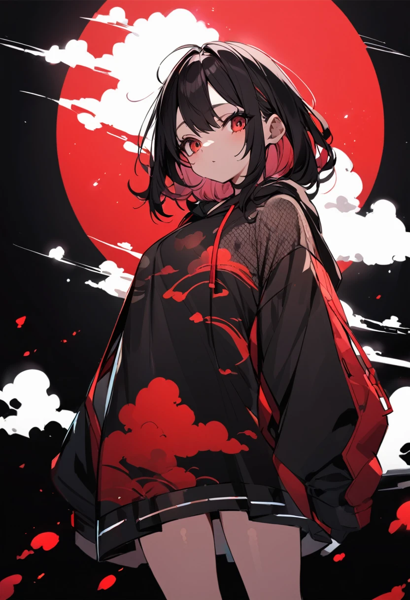 Girl with red cloud motif,Pitch black background,See-through Japanese style hoodie,See-through body lines,See-through inner,Angle from below,