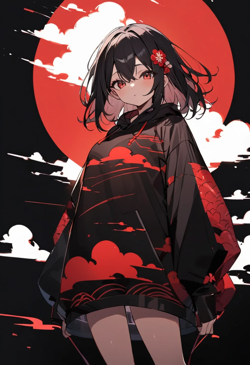 Girl with red cloud motif,Pitch black background,See-through Japanese style hoodie,See-through body lines,See-through inner,Angle from below,