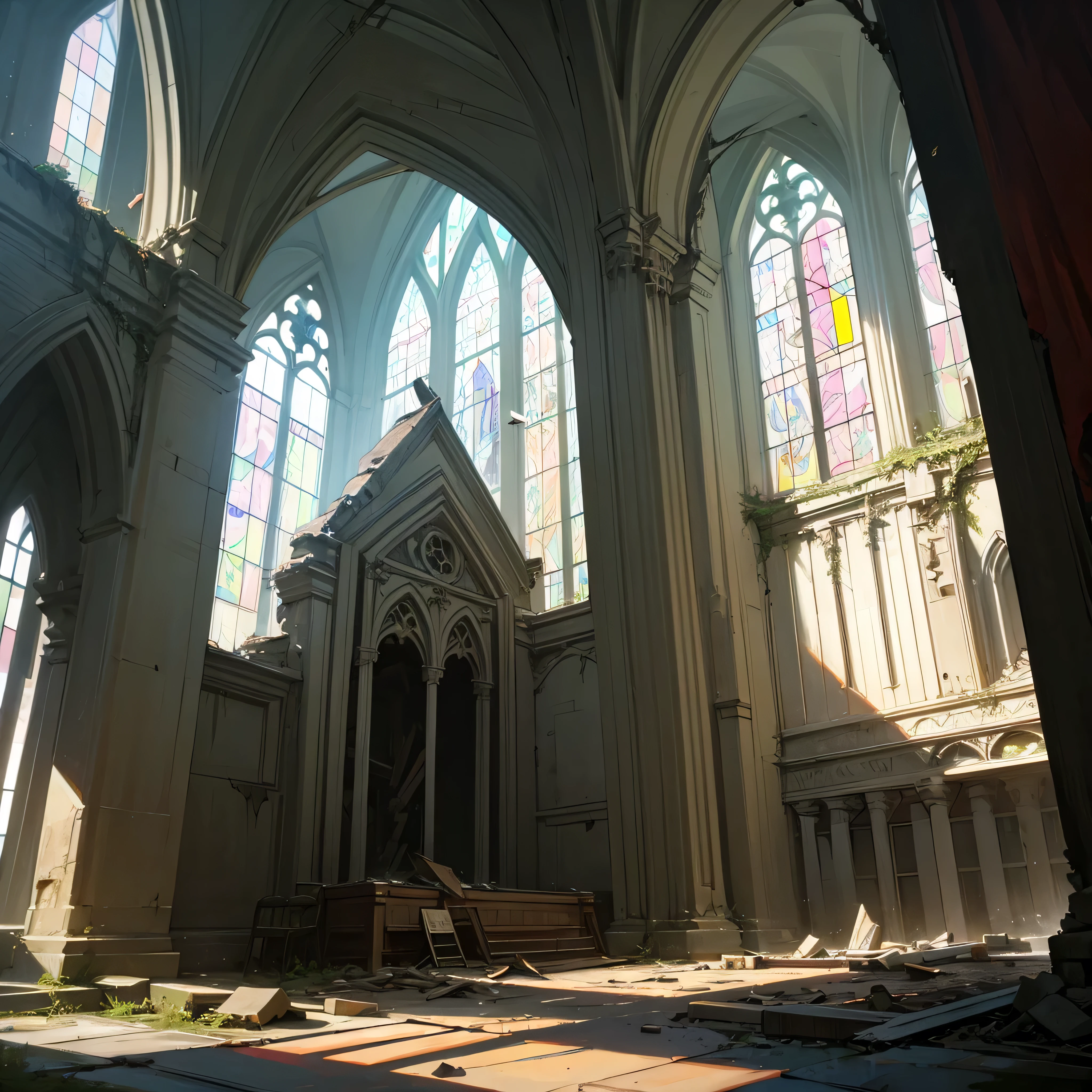 no human, old rotten church, devastated ruin, stained glass