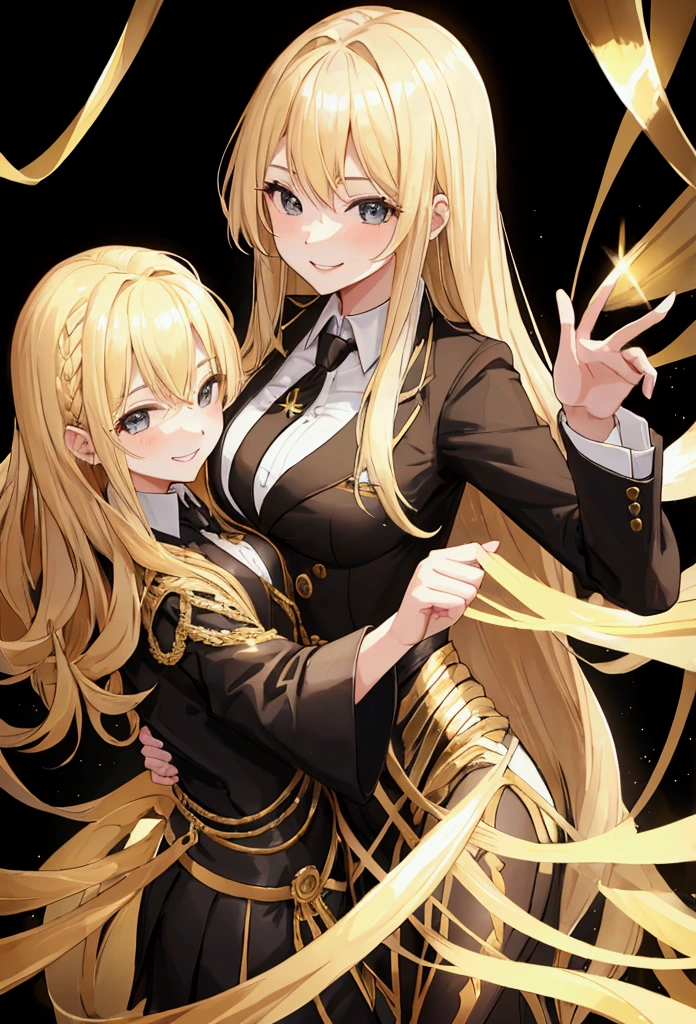 Young, blonde haired girl, medium breasts, black and gold suit and tie, at dance, smiling, smile