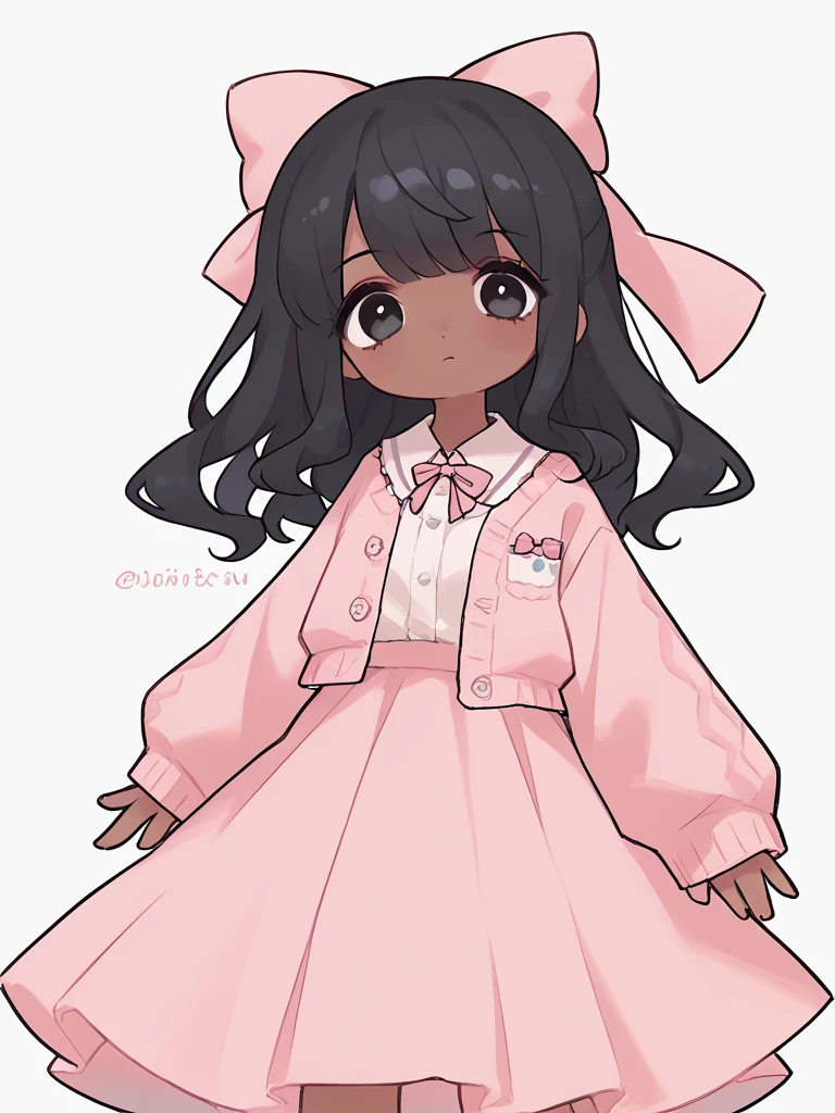 score_9, score_8_up, score_7_up, score_6_up, score_5_up, score_4_up, source_anime, rating_safe,
1girwhite background,looking at viewer,straight hair,straight bangs,dark skin,black eyes,pastel pink long skirt,pink crocs,pastel pink cardigan with buttons and bow,pink bow on hair,black hair,black hair