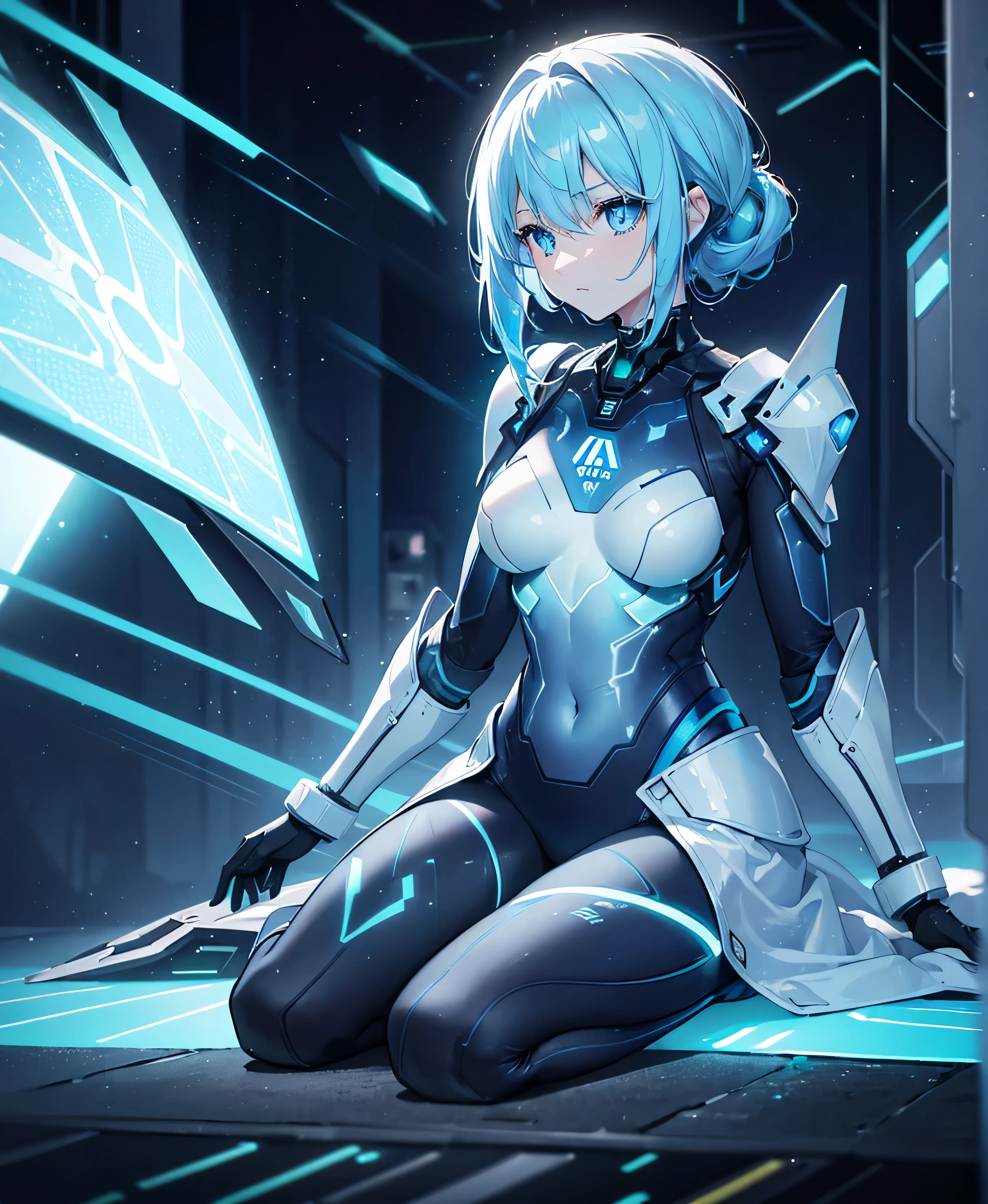 ((Holographic glow effect)),8k, Highest quality, (real:1.4), Original photo, 1 girl, Asari Hair, Biological Amplifier, refined armor, posture: Peace talks between warring factions, smart blue eyes,whole body