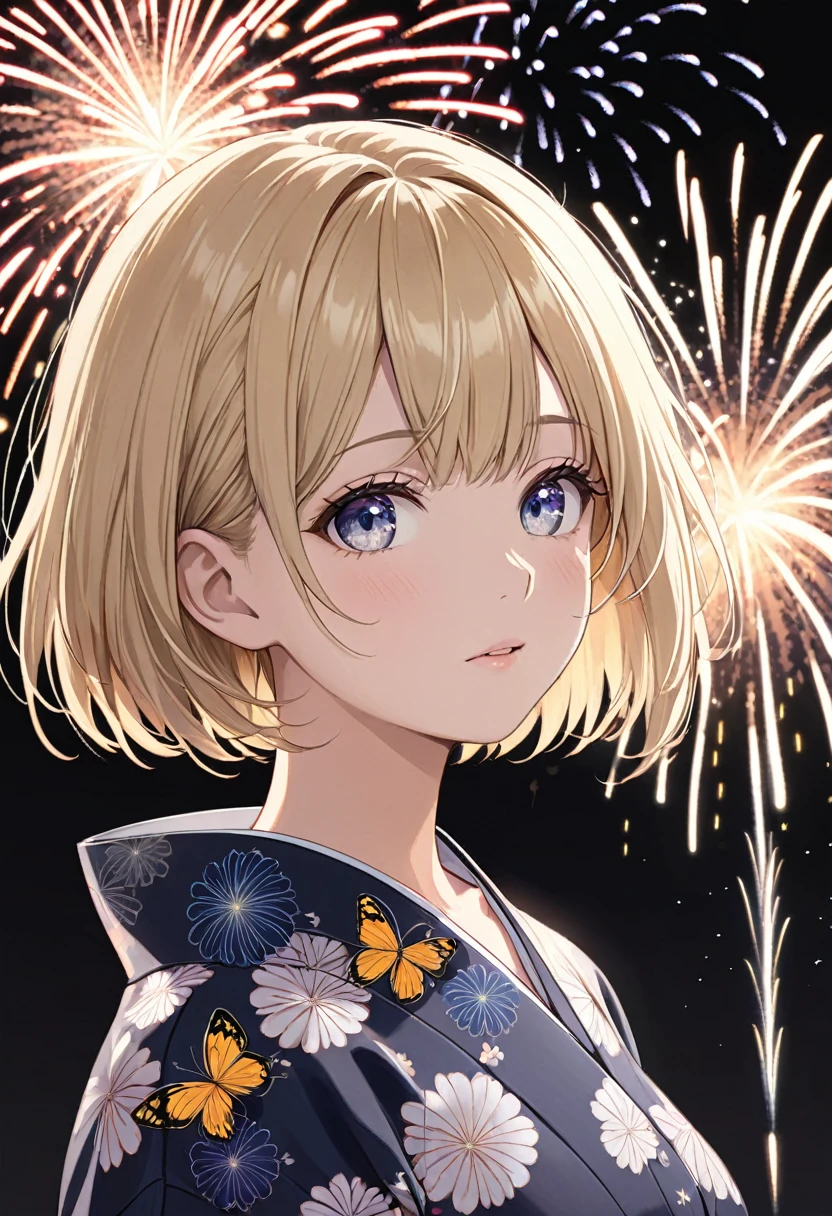 One girl, blonde short hair, wearing a Yukata with a butterfly pattern on a black base,She is watching Japanese HANABI,Hanabi is Japanese Fireworks,(((masterpiece))), (((best quality))), ((ultra-detailed)), (illustration), (detailed light),((an extremely delicate and beautiful)),(beautiful detailed eyes),
