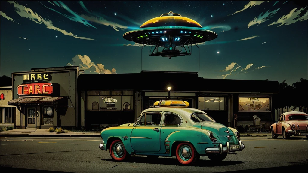 a ufo sighting in 1950s small town, UFO, flying saucer, ufo sighting, popping colors, contrast, detailed realistic cinematic scene, cinematic lighting, dramatic sky with clouds, abandoned vintage car, old-fashioned buildings, neon signs, 1950s era atmosphere, vibrant colors, hyper-realistic, 8k, ultra-detailed