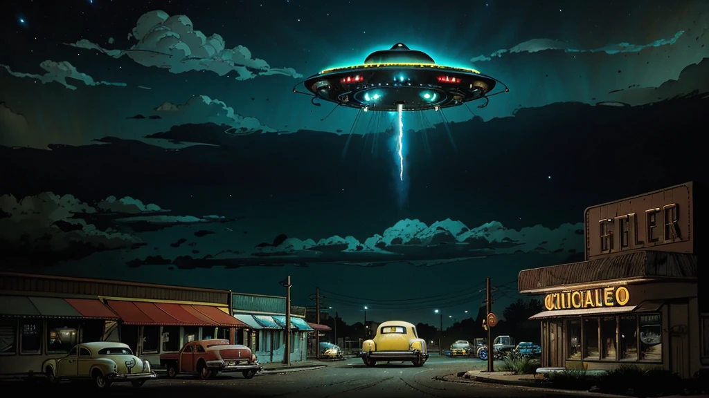 a ufo sighting in 1950s small town, UFO, flying saucer, ufo sighting, popping colors, contrast, detailed realistic cinematic scene, cinematic lighting, dramatic sky with clouds, abandoned vintage car, old-fashioned buildings, neon signs, 1950s era atmosphere, vibrant colors, hyper-realistic, 8k, ultra-detailed