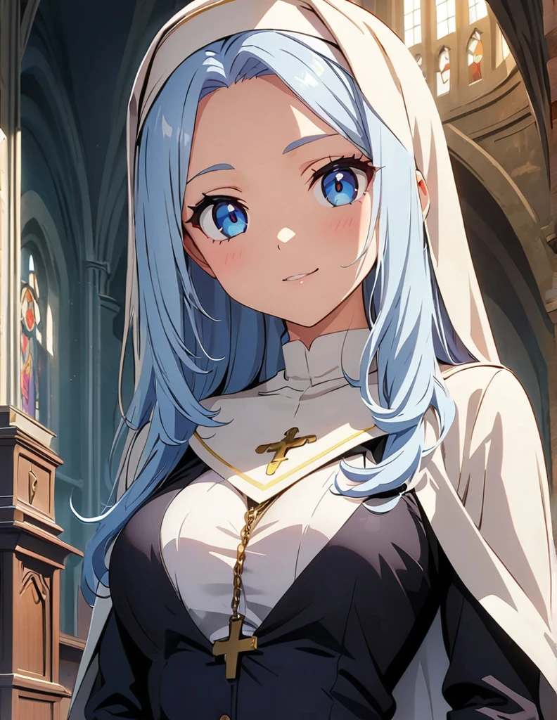 (anime artwork, anime style, studio anime, very detailed, up to date, vibrant, Anime Coloring, high contrast, masterpiece:1.2, best quality, best aesthetics),2 girl,hug from behind,nun, Medium chest,random hair, One eye is hidden by the bangs, perfect proportions, high detail skin, Cute, detailed faces,church, precise fingers,curvy,
