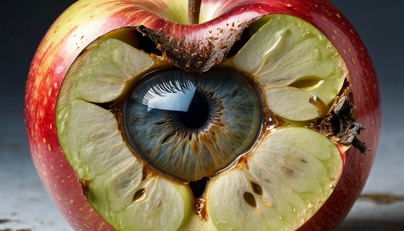 The eye reflection shows an image of an apple, half-rotten, illustrating internal decay and neglect.

