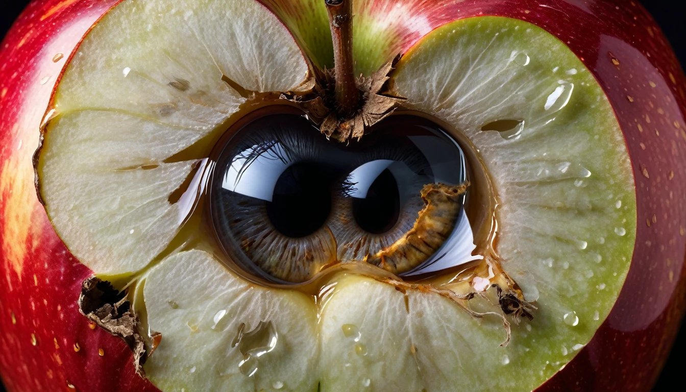 The eye reflection shows an image of an apple, half-rotten, illustrating internal decay and neglect.