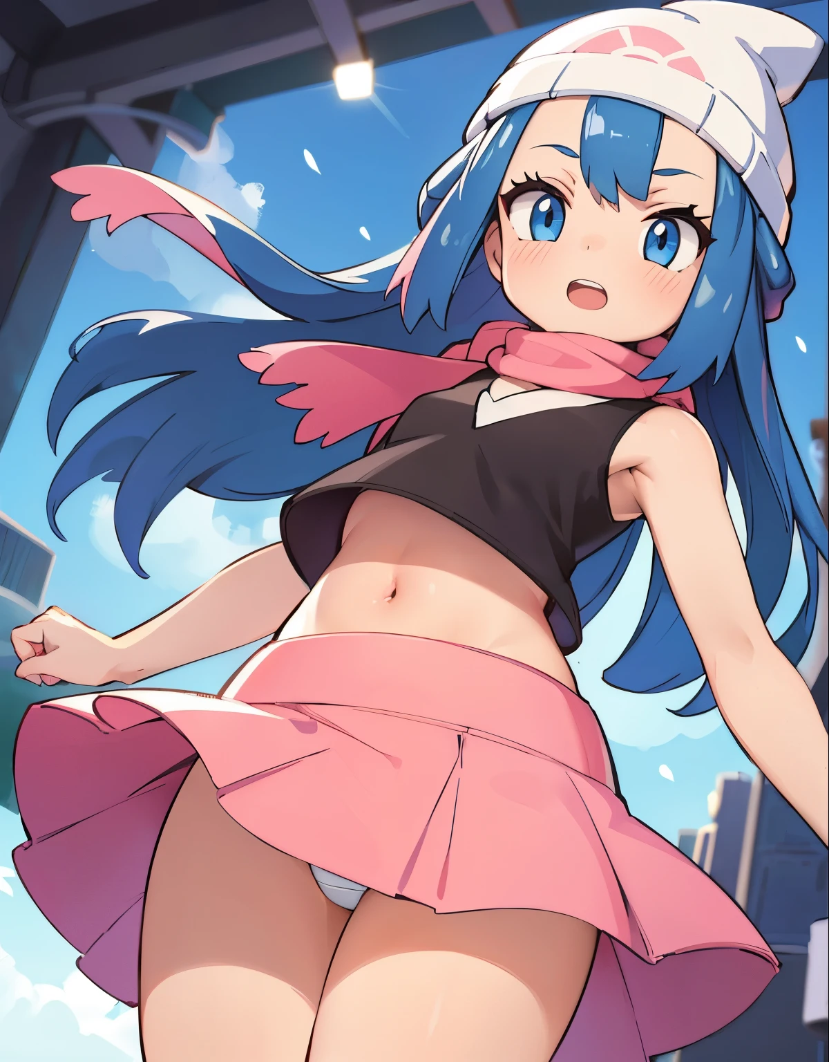 (best quality,4k,8k,highres,masterpiece:1.2), ultra-detailed, realistic:1.37, HDR, studio lighting, vivid colors, bokeh, clenched fists, from below, look up to, Skirt flipping in the wind, arms outstretched, twirling, revolving, in mid air, panchira: 1.2, crop top overhang, perfect white panty, bright eyes, accurate teeth with gaps, ,\(pokemon\), beanie, long hair, blue hair, blue eyes, detailed eyes, beautiful eyes, black sleeveless shirt, pink scarf, pink skirt, body shape, chubby thighs,