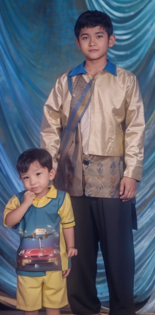 Boy in yellow blue clothes with a car image and yellow shorts, next to him a man wearing a black songkok with brown batik clothes with black pants, they are standing posing for the camera, the background is blue curtain