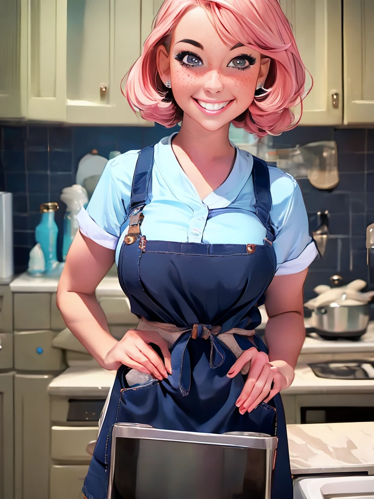 a closeup portrait of a girl, classic bob, apron, amazing body, pronounced feminine feature, busty, kitchen, [ash blonde | ginger | pink hair], freckles, flirting with camera