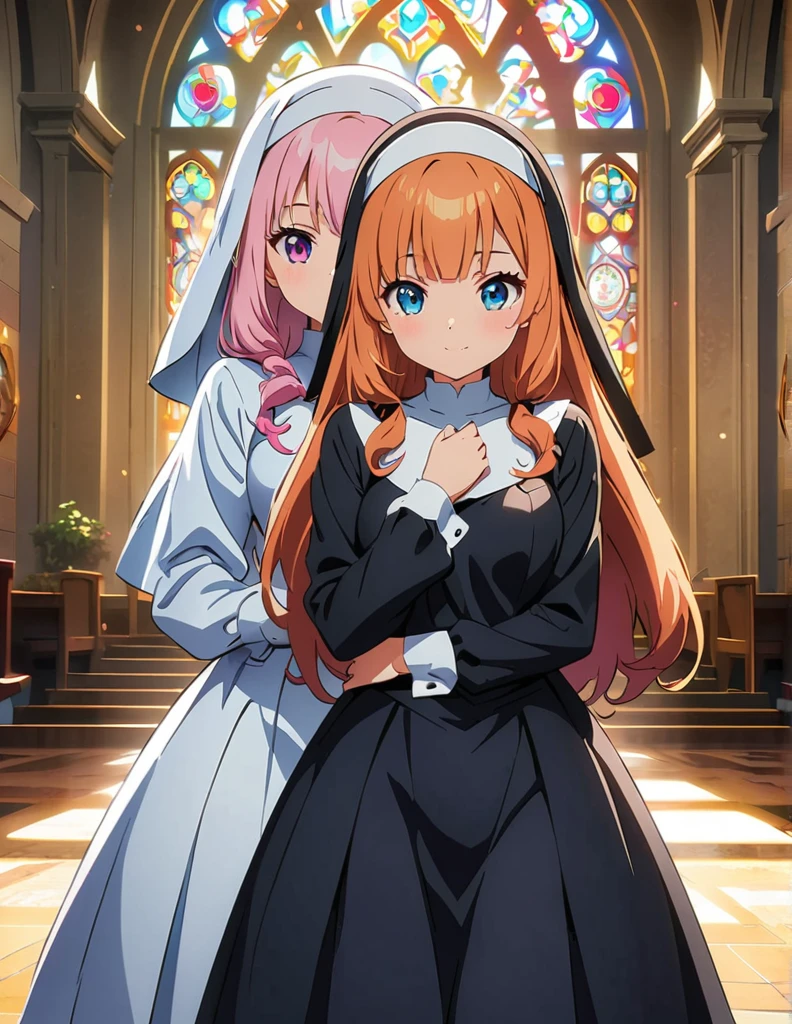 (anime artwork, anime style, studio anime, very detailed, up to date, vibrant, Anime Coloring, high contrast, masterpiece:1.2, best quality, best aesthetics),2 girl,hug from behind,nun, Medium chest,random hair, One eye is hidden by the bangs, perfect proportions, high detail skin, Cute, detailed faces,church, precise fingers,curvy,full body, 