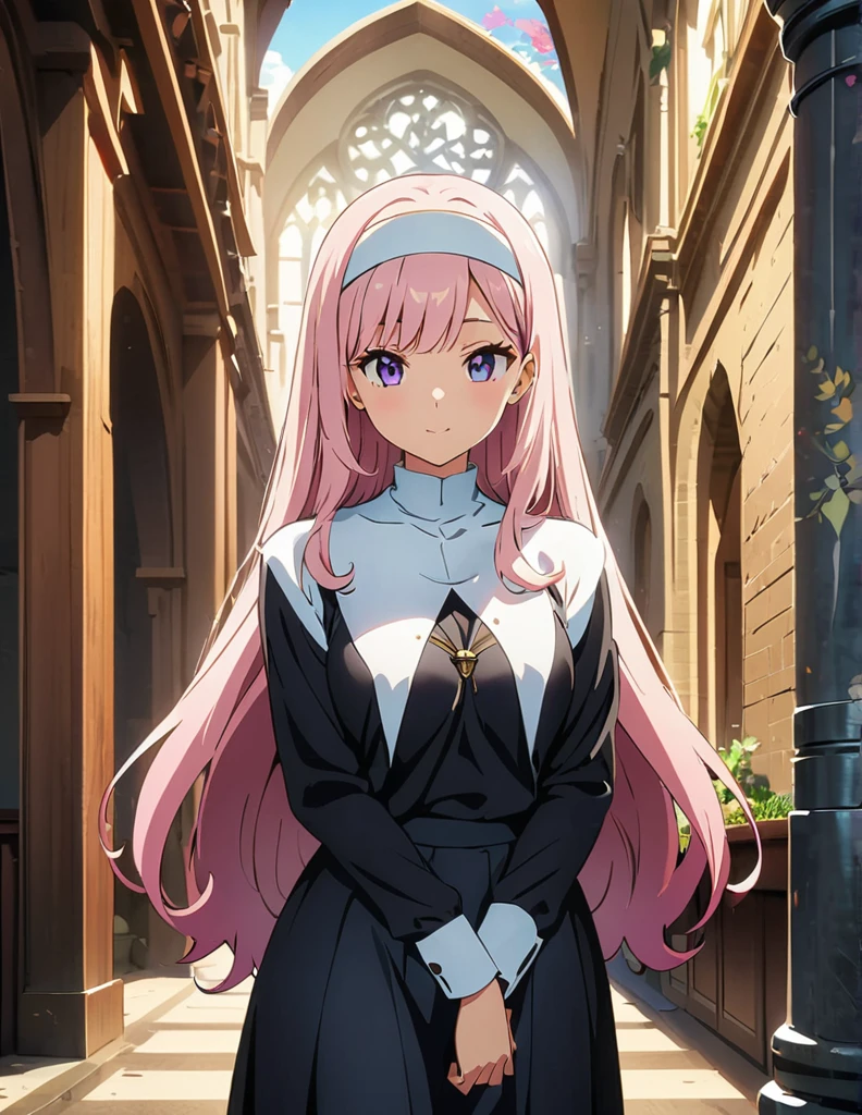 (anime artwork, anime style, studio anime, very detailed, up to date, vibrant, Anime Coloring, high contrast, masterpiece:1.2, best quality, best aesthetics),2 girl,hug from behind,nun, Medium chest,random hair, One eye is hidden by the bangs, perfect proportions, high detail skin, Cute, detailed faces,church, precise fingers,curvy,full body,