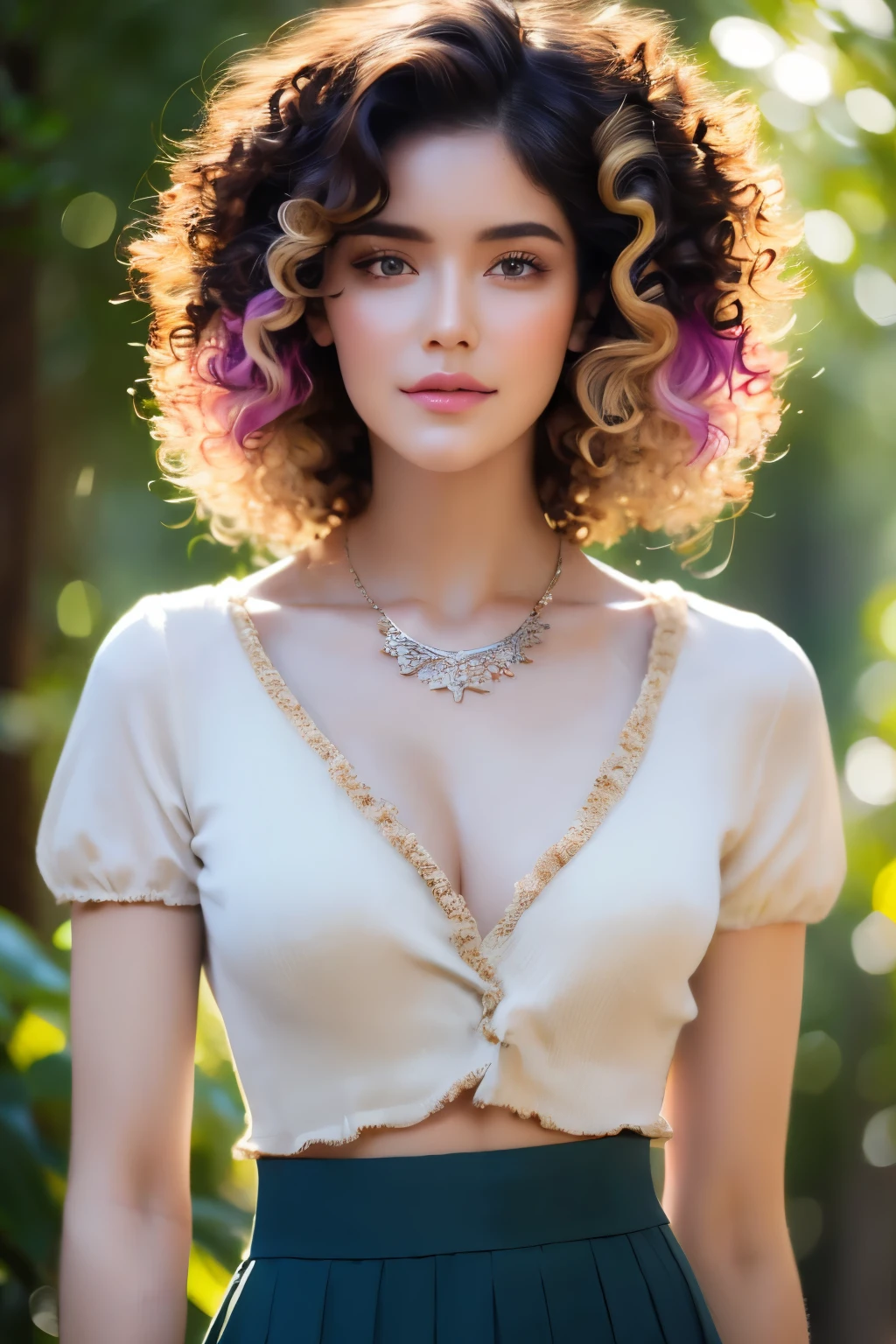 score_9, score_8_up, score_7_up, (masterpiece:1.5), high quality, aesthetic photo ,(HDR:1.3), pore and detailed, intricate detailed, graceful and beautiful textures, RAW photo, 16K, diffused sunlight, 8K, RAW photo, photo of celebrity, RAW, beautiful woman, ((detailed face, colorful rainbow hair:1.2)), ((detailed facial feature, detailed skin, clear skin, parted lips), (perfect proportioned body, medium breasts), hint of cleavage, (((wearing Summer Short Sleeves, Hair, Skirt, Curly Hair, Chest, Jewelry: 1.5))), (high detailed dark forest: 1.3), (realistic photo, best quality, detailed), (8k wallpaper), (cinematic lighting, dramatic lighting) (sharp focus, intricate)
