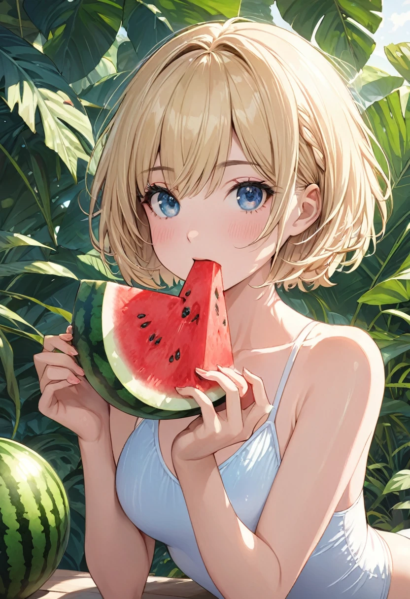 One girl, blonde short hair, wearing a swimsuit and eating Watermelon,(((masterpiece))), (((best quality))), ((ultra-detailed)), (illustration), (detailed light),((an extremely delicate and beautiful)),(beautiful detailed eyes),