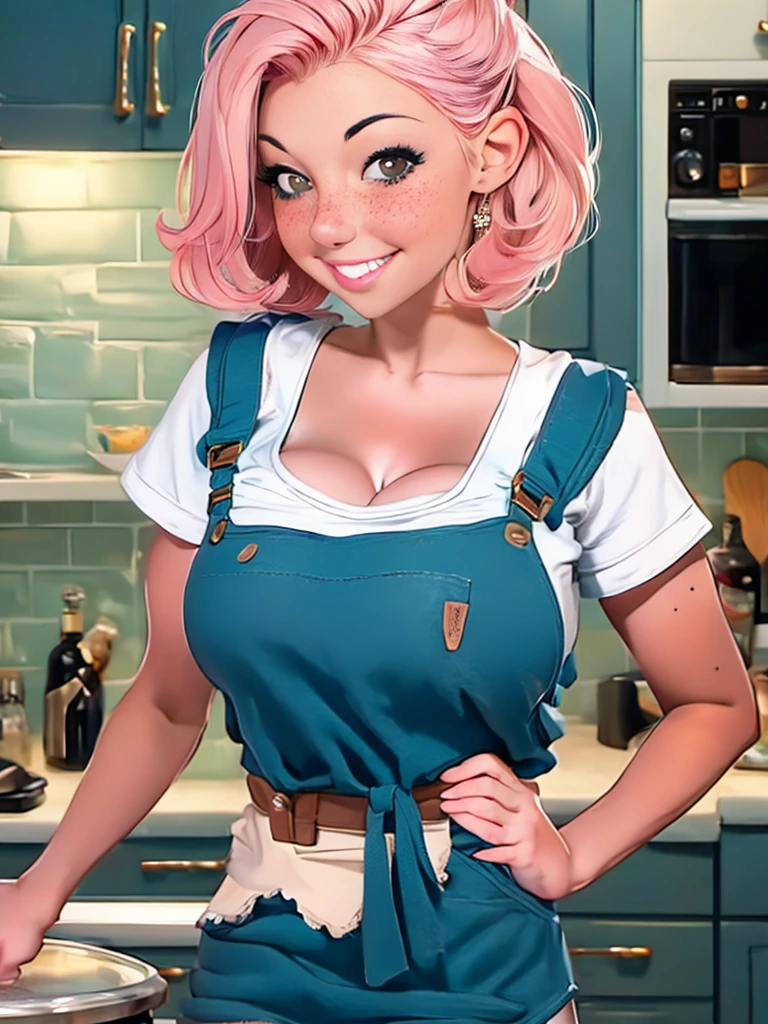 a closeup portrait of a girl, classic bob, apron, amazing body, pronounced feminine feature, busty, kitchen, [ash blonde | ginger | pink hair], freckles, flirting with camera