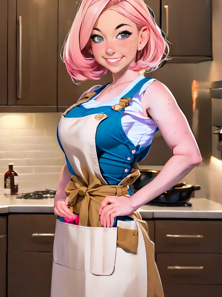 a closeup portrait of a girl, classic bob, apron, amazing body, pronounced feminine feature, busty, kitchen, [ash blonde | ginger | pink hair], freckles, flirting with camera
