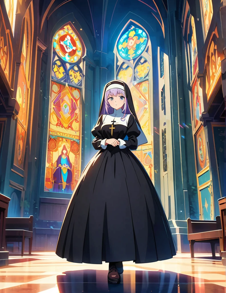 (anime artwork, anime style, studio anime, very detailed, up to date, vibrant, Anime Coloring, high contrast, masterpiece:1.2, best quality, best aesthetics),2 girl,hug from behind,nun, Medium chest,random hair, One eye is hidden by the bangs, perfect proportions, high detail skin, Cute, detailed faces,church, precise fingers,curvy,full body, 