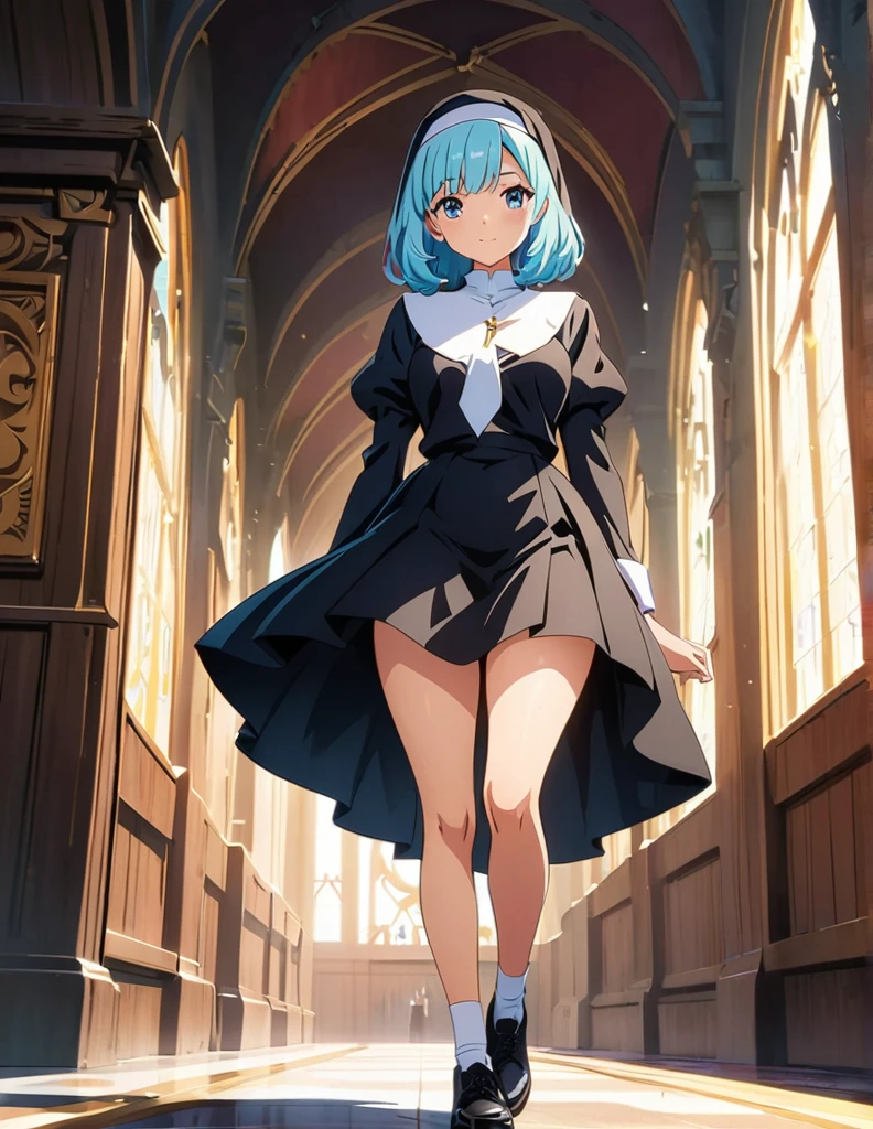 (anime artwork, anime style, studio anime, very detailed, up to date, vibrant, Anime Coloring, high contrast, masterpiece:1.2, best quality, best aesthetics),2 girl,hug from behind,nun, Medium chest,random hair, One eye is hidden by the bangs, perfect proportions, high detail skin, Cute, detailed faces,church, precise fingers,curvy,full body,