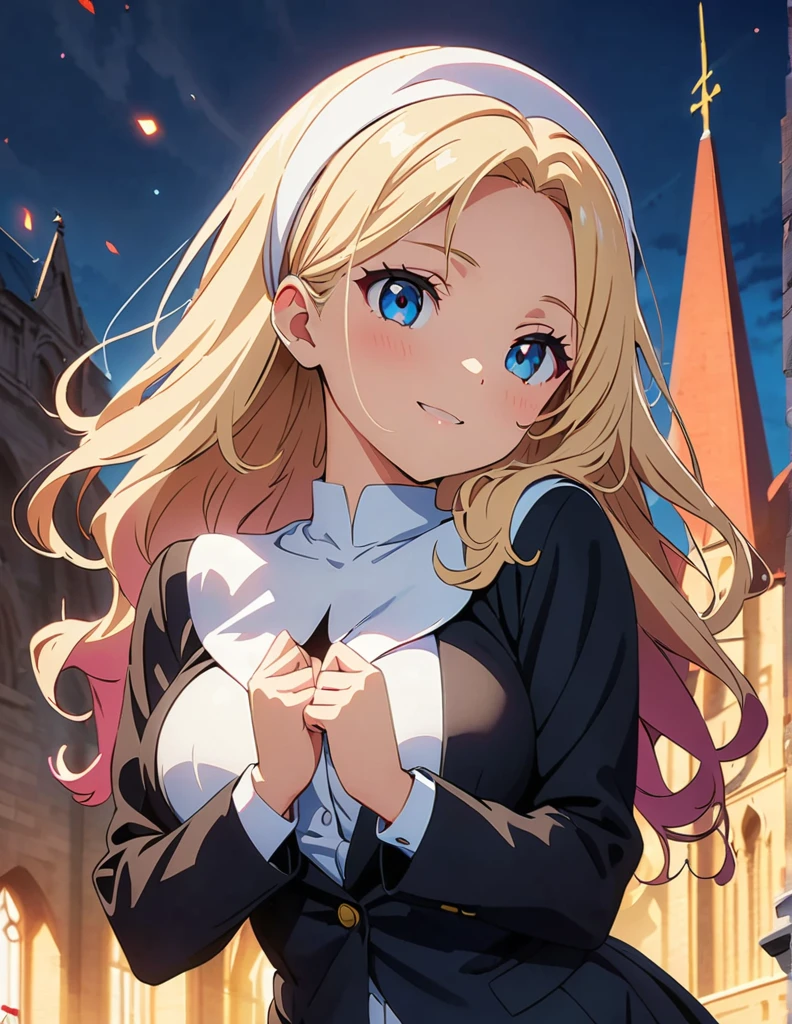 (anime artwork, anime style, studio anime, very detailed, up to date, vibrant, Anime Coloring, high contrast, masterpiece:1.2, best quality, best aesthetics),2 girl,hug from behind,nun, Medium chest,random hair, One eye is hidden by the bangs, perfect proportions, high detail skin, Cute, detailed faces,church, precise fingers,curvy,full body,