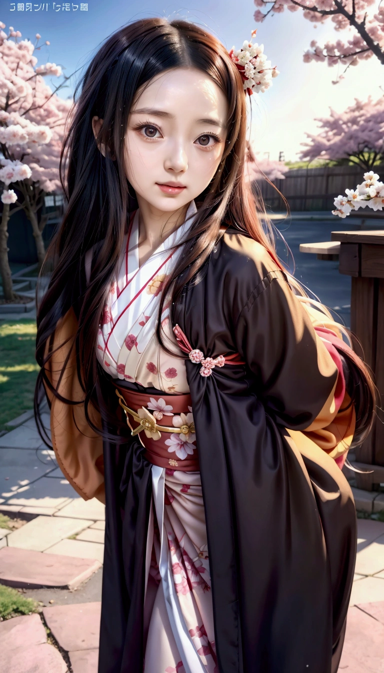 anime girl in kimono outfit standing in front of a cherry tree, anime girl with long hair, nezuko-chan, flowing hair and long robes, anime visual of a cute girl, nezuko, cute anime waifu in a nice dress, female anime character, young anime girl, in a kimono, anime moe artstyle, ilya kuvshinov with long hair