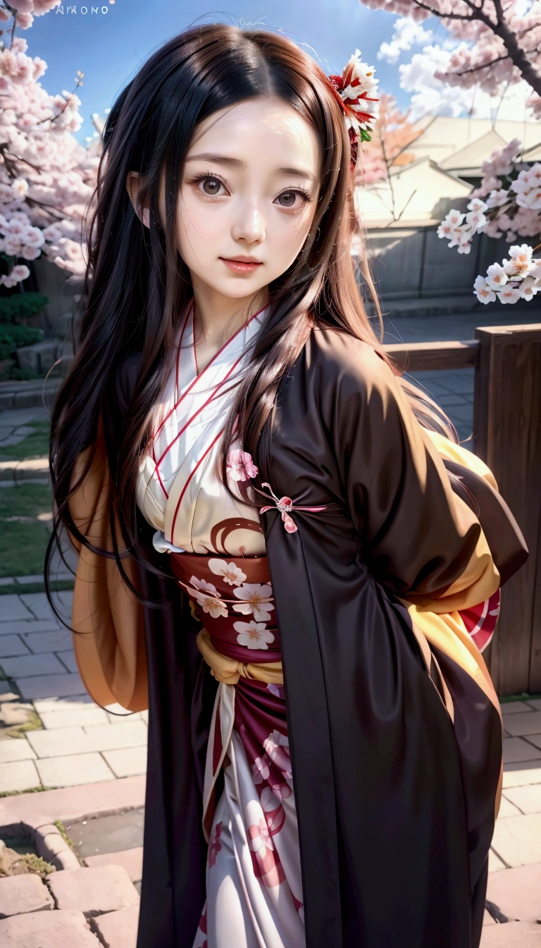 anime girl in kimono outfit standing in front of a cherry tree, anime girl with long hair, nezuko-chan, flowing hair and long robes, anime visual of a cute girl, nezuko, cute anime waifu in a nice dress, female anime character, young anime girl, in a kimono, anime moe artstyle, ilya kuvshinov with long hair