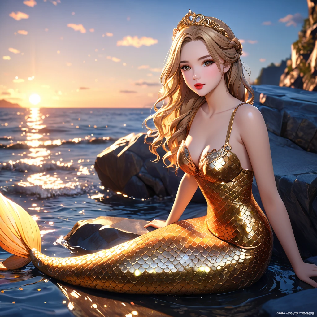 cute 20 year old mermaid princess with blonde hair with braids wearing beautiful hair accessoires sitting in the water posing and leaning with one arm on a stone, sunset, wears a golden glittery mermaid bra, beautiful mermaid, beautiful detailed human face, red lips, alluring eyes, elaborated mermaid golden tail, serene, masterpiece, full body shot, highres, high resolution, high quality, intricate details, extremely detailed, incredible details, full colored, complex details, insanely detailed and intricate, extremely detailed with rich colors. masterpiece, best quality, HDR, UHD, unreal engine, High quality, gorgeous, glamorous, 8k, super detail, gorgeous light and shadow, detailed decoration, detailed lines, glittery, fantasy, pretty colors, anime style