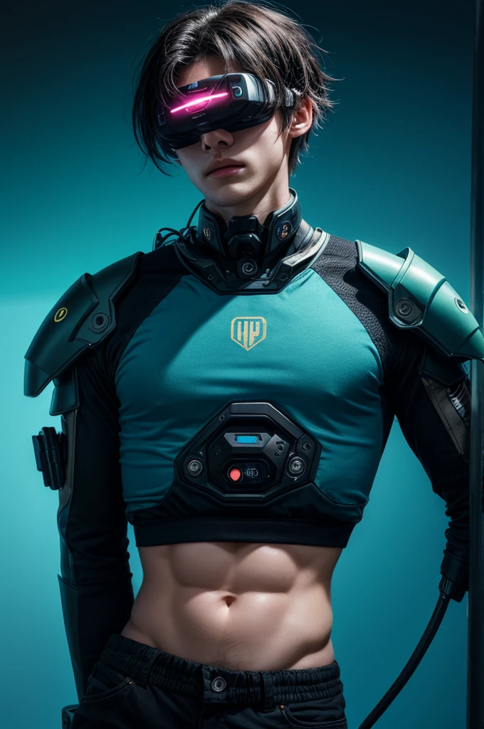 best quality, head-mounted display,
(1 boy), young , sexy twink, skinny twink, exposed belly and lower chest, surrounded by azure neon, short black hair, short black hair, NodesTech mascara, NodesTech headdress, wearing crop top cyborg armor
BREAK sci-fi background, detailed background,  azure neon background, data  