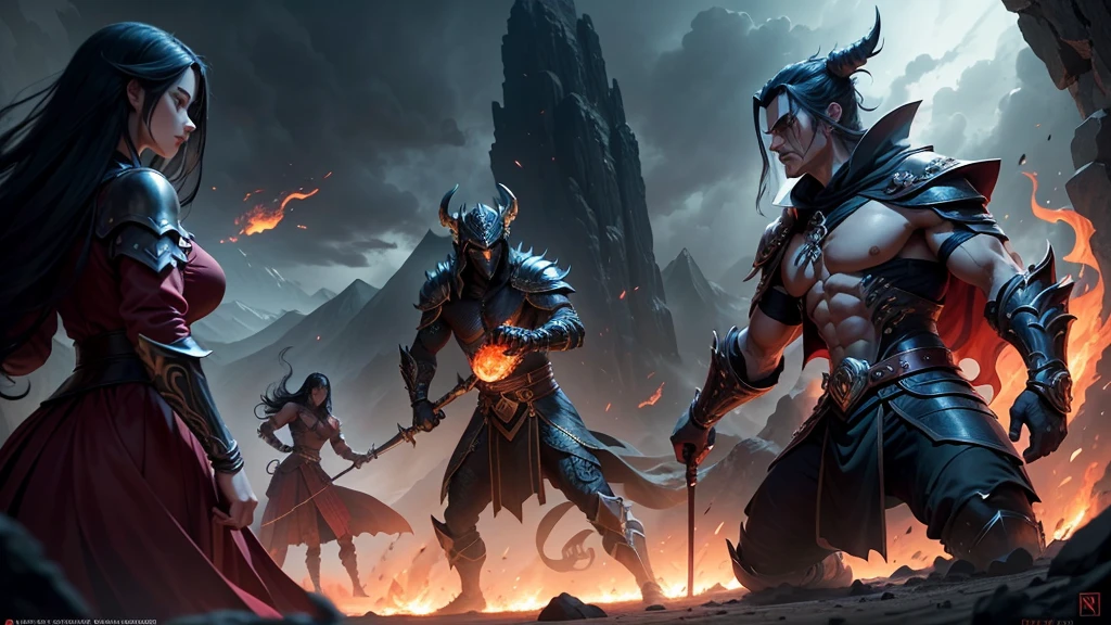 Title: Cover Art for "O Clã: Reino das Sombras"

Description:
"Create a dramatic and captivating cover art for the anime titled 'O Clã: Reino das Sombras.' The cover should feature the following elements:

Central Focus: A powerful and imposing figure representing the leader of the Dragon Clan, Kaida, in her intricately detailed battle attire with dragon symbols. She should be in a commanding pose, exuding strength and authority.

Background: The background should depict a dark and mysterious realm with a dramatic and stormy sky. Include elements of shadowy landscapes and towering mountains to reflect the 'Reino das Sombras' theme.

Supporting Characters: Surround Kaida with key members of the Dragon Clan in dynamic action poses. Show a few warriors in battle-ready stances, with one wielding a spear, another swinging a sword, and an archer ready to shoot.

Title Text: At the top or bottom of the cover, prominently display the title "O Clã: Reino das Sombras" in bold, stylized font that fits the fantasy theme. The text should be ornate and dramatic, perhaps incorporating dragon motifs or shadow effects.

Atmosphere: The overall atmosphere should be epic and intense, with high contrast between light and shadow to emphasize the conflict and grandeur of the story.

Color Scheme: Use a color palette with dark tones, such as deep blues, purples, and blacks, accented by fiery reds and golds to highlight the central figure and important elements."