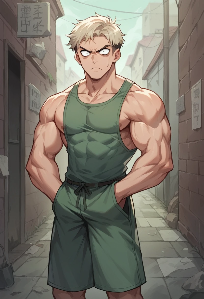 man 2.10 meters, robust, muscular, serious countenance, Lost look, in a lonely alley, Whole body, clenched jaw, light hair, frown, big jaw, Hollow eyes, standing next to a pretty girl 1.50 meters dressed in a short, low-cut summer dress with a crazy face