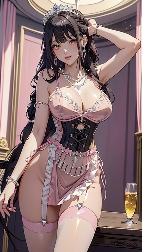 (((masterpiece, super high resolution, ultra HD, 8K quality))), (((((woman in shining pink colored corset dress))))), (((See-through revealing dress, Garter belt))), (((((shining Black Hair, Braid))))) , (((beautiful sparkling yellow eyes, pupils with highlights))), ((bangs bangs)), pink lips, sexy expression, ((highly detailed)), (perfectly detailed face), (detailed and carefully drawn hands), (((very Big Tits))), (((charming smile))), photorealistic image, silver tiara and earrings, pearl necklace, jade bangle, diamond ring, Beautiful figure from the knees up, standing, beautiful pose
