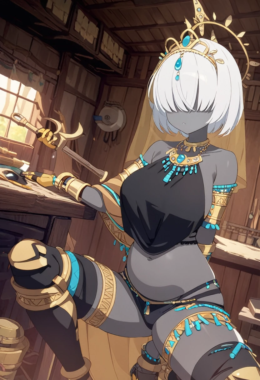1girl, gold rings, jewelry, necklacke, white hair, very short hair, hair over eyes, grey skin, aqua eyes, belly, black tribal clothing, sleeveless, yellow veil around the arms, turquoise tiara, tribal tiara, golden wrench, workshop, tribal house, prosthetic legs, (masterpiece), best quality, anime style,