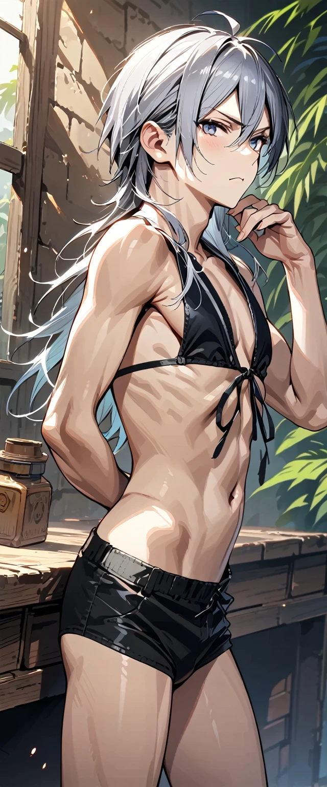 absurdres, highres, ultra detailed, super fine illustration, best quality, 1boy, perfect anatomy, male focus, solo, (dark-skinned:0.8) male, silver hair, long hair, black bikini, bare shoulders, bare arms, bare legs, <lora:_L2090:-0.6> <lora:flat:-0.2>