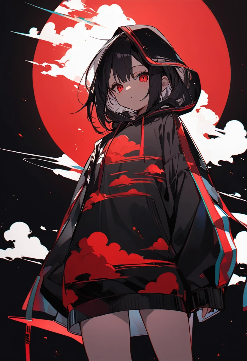Girl with red cloud motif,Pitch black background,Ultra see-through Japanese style hoodie,A body line where clothes are visible,See-through inner,Angle from below,