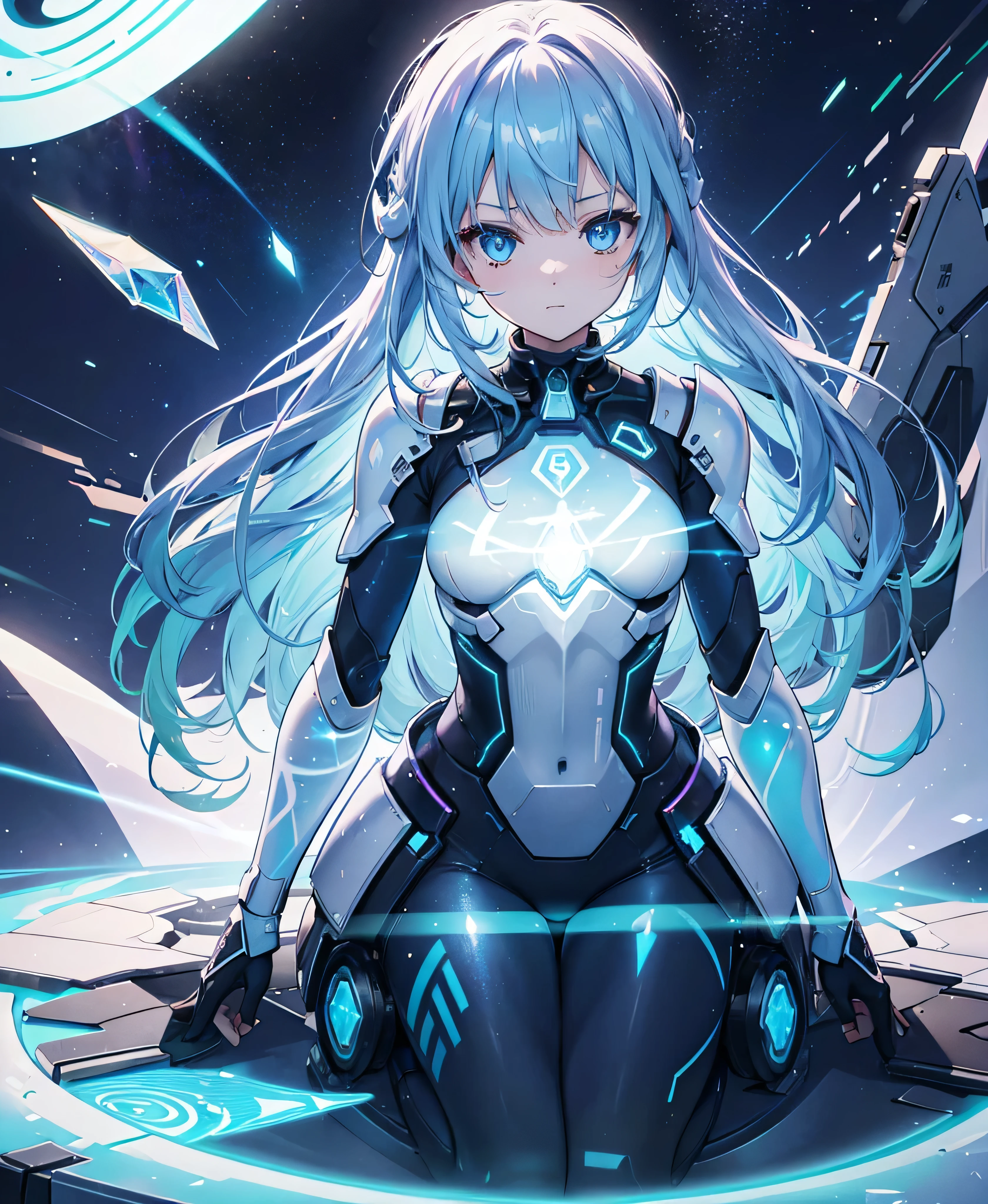 ((Holographic glow effect)),8k, Highest quality, (real:1.4), Original photo, 1 girl, Asari Hair, Biological Amplifier, refined armor, posture: Peace talks between warring factions, smart blue eyes,whole body,Vortex of Light,Band of Light,Wind of Light